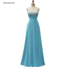 Light Blue Long Party Prom Evening Dress Spaghetti Strap Beaded Sequin Ruched Knot A-line Floor Length Chiffon Women Formal Gown 2024 - compre barato