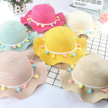 Chapéus de palha para crianças, verão, pompom colorido, princesa, bebê, meninas, chapéu protetor solar respirável, praia, chapéu de sol 2024 - compre barato