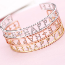 Rosa de ouro prata oco cristal letras feliz pulseiras círculo cobre pulseira feminina pulseiras contratada jóias dropshipping 2024 - compre barato