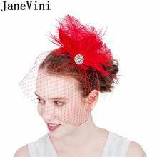 JaneVini Beaded Bridal Net Feather Hats Red Face Veil Bridal Feathers Fascinator Bride Wedding Hats for Women elegant Church Hat 2024 - buy cheap