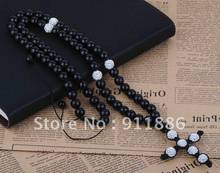 HARMONY Lampwork Handmade,Fashion Cross Macrame Necklace,White Crystal Christian Cross Rosary,Black Beads Chain /Free Shipping 2024 - купить недорого