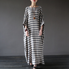Johnature 2021 New Autumn Vintage Batwing Sleeve Striped Half Sleeve Loose Cotton Linen Robe Washed Long Maxi Dress 2024 - buy cheap