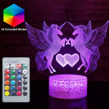 Unicórnio led remoto 3d nightlight luz da noite do bebê 16 cores bonito rgb lâmpada de mesa aniversário da criança feriado menina amigo kawaii presente 2024 - compre barato