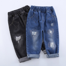 Calça jeans rasgada para meninos e meninas, calça coreana bordada com buraco quebrado para crianças pequenas, roupas de criança, primavera 2019 2024 - compre barato