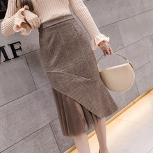 Женская шерстяная юбка средней длины, винтажная офисная юбка в клетку с высокой талией, прошитая сеткой, Осень-зима 2021 2024 - купить недорого