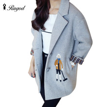 Rugod 2019 New Korean Women Woolen Jacket Female Casual Cotton-padded Winter Coat Cartoon Embroidery Wool Coat Casaco Feminino 2024 - buy cheap