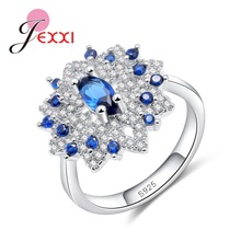 Lindo anel de prata verdadeiro 925 prata esterlina feminino anel de dedo azul cristal branco sol flor joias para festa de casamento e noivado 2024 - compre barato