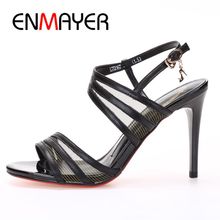 ENMAYER  Genuine Leather  Basic  Party  Women Sandals Summer 2019 High Heel  Buckle Strap Solid Sandals Size 34-39 LY1421 2024 - buy cheap