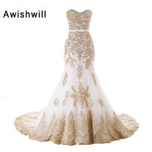 Винтажное свадебное платье на заказ, Золотое кружевное женское платье со шлейфом, официальное обручальное платье 2024 - купить недорого