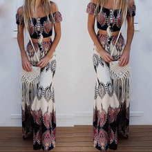 2021 Summer Boho Sexy Strapless Slash Neck Short Sleeve Crop Tops&Long Skirts Fashion Print Beach Maxi Skirt Suit Two Piece Set 2024 - buy cheap