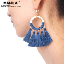 MANILAI Bohemian Handmade Cotton Tassels Earrings Women Fashion Fringe Weave Alloy Statement Big Drop Dangle Earrings Jewelry 2024 - buy cheap