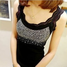 2014 New Fashion Women's Rhinestone Sleeveless T-Shirt Tank Tops Summer Fashion lace beaded Tank Vest Free Shipping 2024 - buy cheap