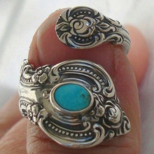 Кольцо с синим камнем, овальное, богемное, бирюзовое, в стиле ретро, с тибетским крупным резным узором, Z4 2024 - купить недорого