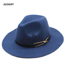 Suoplay chapéu tipo fedora, chapéu para homens e mulheres, de feltro com fivela de cinto, aba larga e formal de sol, chapéu panamá para outono e inverno 2024 - compre barato