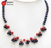 Qingmos Трендовое ожерелье из натурального жемчуга и коралловых чокеров для женщин с 5-6 мм черным жемчугом и 3-7 мм красным кораллом 17 ''ожерелье nec6325 2024 - купить недорого