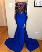 New Arrival Royal Blue Mermaid Prom Dresses Long 2020 Boat Neck Sequin Top Sexy High Slit Africa Girl Long Sleeve Prom Dress 2024 - buy cheap