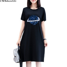 CWBshowGG Summer New Fashion Sequins Short-sleeved T-Shirt Dress Loose large size Women slim Round Neck Casual Black Midi Dress 2024 - buy cheap