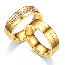 Anéis de casamento femininos e masculinos, banda de compromisso, cor dourada, de aço inoxidável, joia de aniversário, noivado, para casal 2024 - compre barato