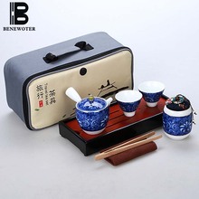 Conjunto de utensílios de chá de viagem portátil cerâmica kung fu conjunto de chá acampamento ao ar livre kit de talheres porcelana azul e branco com conjuntos bandeja 2024 - compre barato