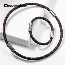 6mm Brown Necklace Bracelet for Womens Mens Set Genuine Leather Stainless Steel Vine Pattern Charm Choker Jewelry Set LDS03 2024 - buy cheap