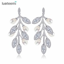 LUOTEEMI Fashion Luxury Statement Leaft Pendant Earrings For Women Simulated Pearl White Gold-Color CZ Wedding Jewelry Brincos 2024 - buy cheap