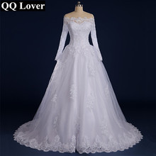 QQ Lover 2021 Vestido De Noiva Beaded Appliqued Long Sleeve Lace Wedding Dress Boat Neck Wedding Dress 2024 - buy cheap