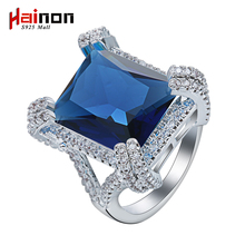 Hainon Cor Prata Anéis para Mulheres Presente de Noivado Casamento de Luxo Do Vintage Grande Cristal Azul Cubic Zircon Jóias Anéis 2024 - compre barato