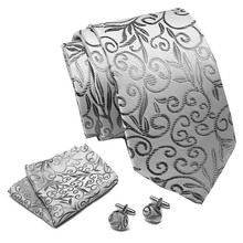 Mens Tie Grey Floral 100% Silk Classic Jacquard Woven Tie Hanky Cufflinks Set Men Formal Wedding Party extra long size neck suit 2024 - buy cheap