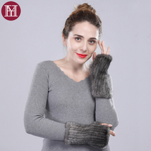 Brand women real mink fur glove female genuine mink fur gloves fingerless 20cm elastic suitable russian fashion hot sale 2024 - buy cheap