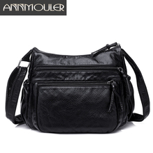 Annmouler-Bolsos de marca para mujer, bolso de hombro de cuero de Pu de cuero suave, negro, con doble cremallera, informal 2024 - compra barato