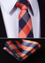 TC4029N8 Orange blue Check 3.4" 100%Silk Jacquard Slim Skinny Narrow Men Tie Necktie Handkerchief Pocket Square Suit Set 2024 - buy cheap