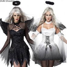 Черный белый костюм дьявола павшего ангела для взрослых костюмы на Хэллоуин для женщин нарядное платье головной убор крыло Готический секс... 2024 - купить недорого