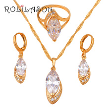Rolilason bijuteria de luxo com tom de ouro aaa zircônia, cristal, zircônia, conjunto de joias, colar, anel feminino, tamanho #6.75 #7.5 js195 2024 - compre barato