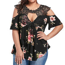 5XL Plus Size Women Blouse And Tops Short Sleeve Cold Shoulder O Neck Lace Patchwork Hollow Out Blusas Floral Print Shirts Lady 2024 - buy cheap