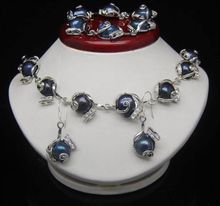 Collar de perlas barrocas negras de 10-11mm, conjunto de anillo y pendientes 2024 - compra barato