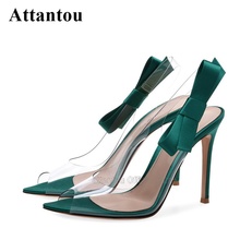 New Thin High Heel Transparent PVC Side Bowtie Lady High Heel Sandals Woman Satin  Dress Shoes Summer 2024 - buy cheap