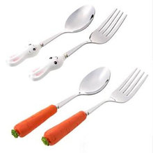 Children's cartoon stainless steel spoon fork baby cute rabbit carrot porridge rice paste long ceramic handle tableware 2024 - buy cheap