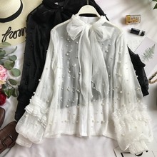 Blusa de manga larga con cuello levantado para mujer, camisa con lazo y perlas blancas adornadas, a rayas, 2019 2024 - compra barato