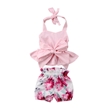 Sweet Pretty Summer Infant Baby Girls 2PCS Sets Floral Print Pink Sleeveless Belt Bowknot Ruffles Vest Tops Floral Shorts 2024 - buy cheap