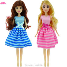 Handmade 2 Set Cute Fashion Pink & Blue Dress Mini Gown Stripes Pattern Bowknot Clothes for Barbie Doll Accessories Kid Toys 2024 - buy cheap