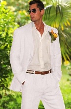 Summer Beach White Linen Mens Suit Groom Tuxedos Groomsmen Wedding Blazer Suits For Men Stylish 2pieces (Jacket+Pants) 2024 - buy cheap