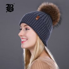[Flb] gorro de inverno feminino, chapéu pompom grosso e quente, de malha de lã de alta qualidade, 2018 2024 - compre barato