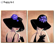 Modern Beautiful Girl Wearing Black Hat Portrait Oil Painting for Home Decoration Wall Art Painting Handmade Canvas Painting 2024 - buy cheap