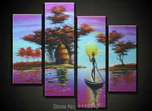 Africa People And Boat Sun Tree Oil Painting On Canvas 4 Panel Arts Set Modern Home Abstract Wall Decor Picture for Living Room 2024 - buy cheap