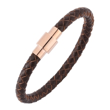 Moda pulseira feminina masculino jóias retro marrom trançado pulseira de couro rosa cor de ouro fecho magnético pulseiras sp0252z 2024 - compre barato