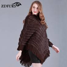ZDFURS *  Genuine knitted rabbit fur poncho hooded with tassel handmade Europe sweater shawl  Wholesale retail ZDKR-165002 2024 - buy cheap