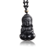 Natural Black Obsidian Carved Baby Buddha Pendant With Amulet Lucky Beads Chain Female Male Pendant Necklace Popular Jewelry 2024 - buy cheap