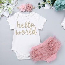 iEFiEL Newborn Infant Baby Clothes Toddler Girls Hello World Outfit Short Sleeves Romper with Bloomers Headband for Birthday 2024 - buy cheap