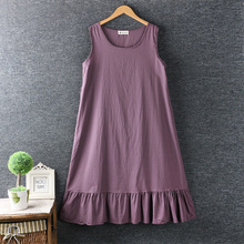 2020 big size summer women Japan style simple fresh O-Neck cotton loose dress solid color sleeveless Ruffle midi dress women 2024 - buy cheap