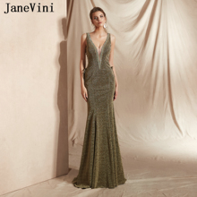 JaneVini Sparkling Beaded Long Evening Dresses for Women 2019 Sexy Deep V Neck Sleeveless Satin Sweep Train Formal Party Gowns 2024 - buy cheap